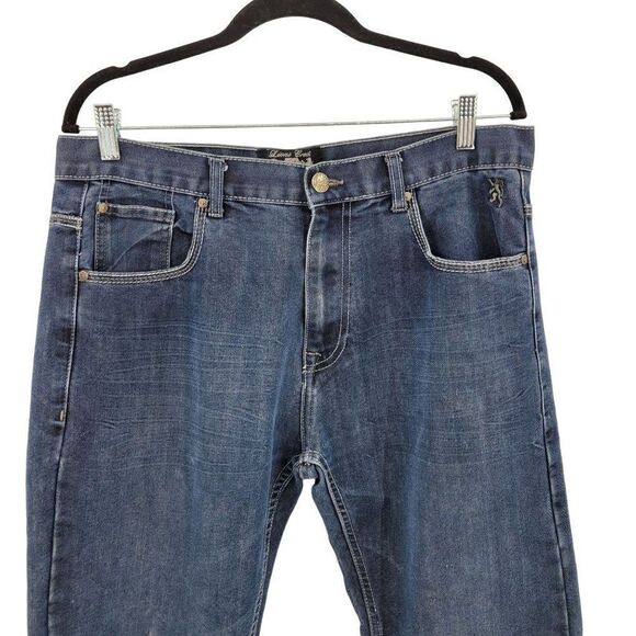 Lions Crest Jeans Straight Relaxed Embroidered Pockets Dark Wash Blue 34 x 32 - Picture 7 of 11